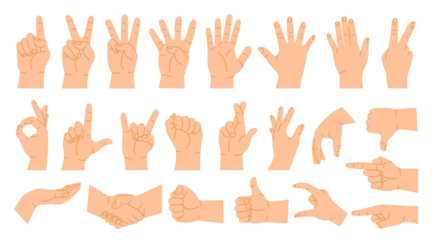 Vector hands poses cartoon hand gestures count on fingers pointing handshake thumb up like and dislike human palm vector illustration set