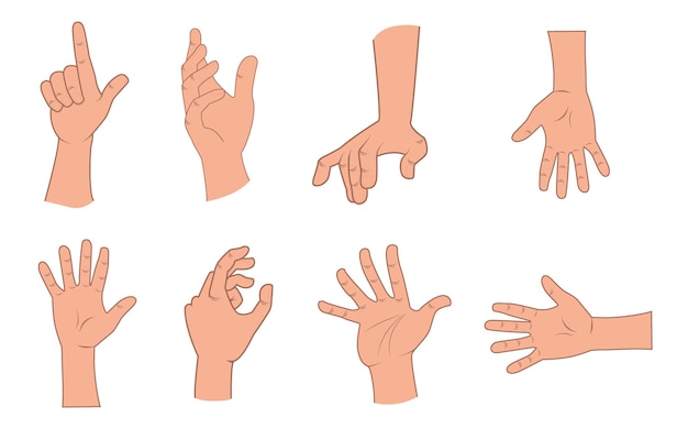 Hands poses set. Different poses of hands. Hands pose vector set.