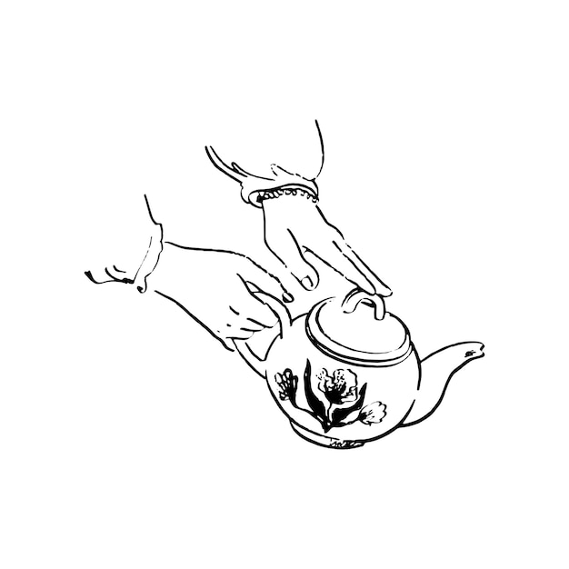 hands pours tea from ceramic teapot