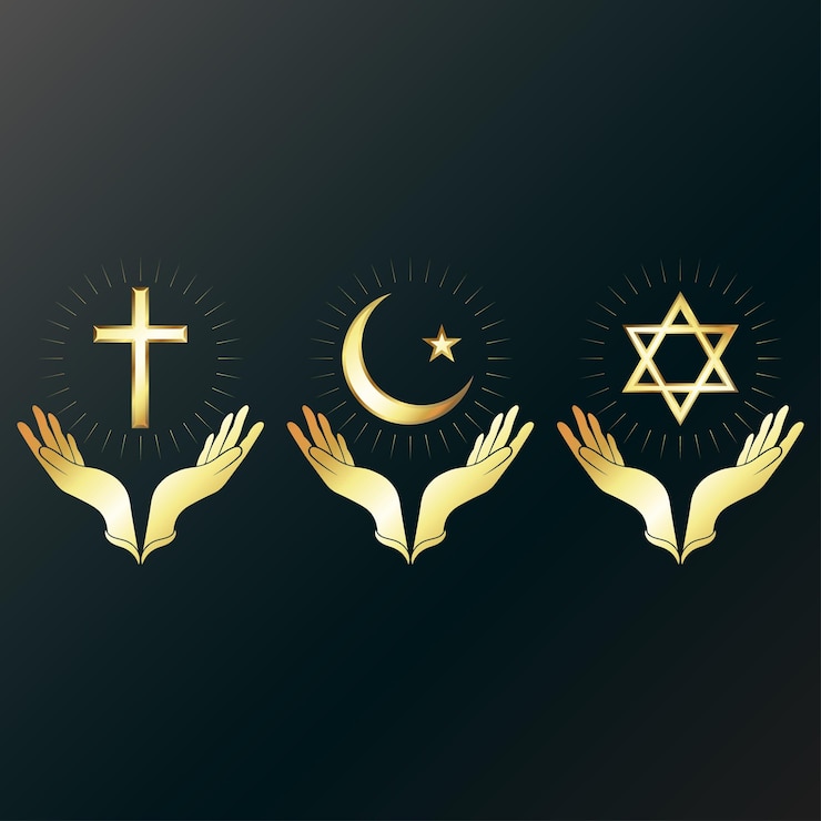 Vector hands in prayer with christian cross crescent and star star of david