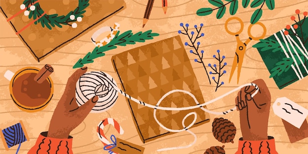 hands preparing diy christmas gift with box in craft paper wrapping thread fir branches and eco decor on table making and decorating modern xmas present top view colored flat vector illustration