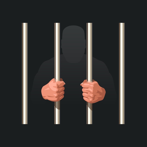 hands of prisoner holding metal bars on darkness