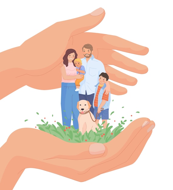 Vector hands protect family families care service concept for insurance advertising safety life happy parenthood love couple children together kid hug father secure vector illustration of care and safety