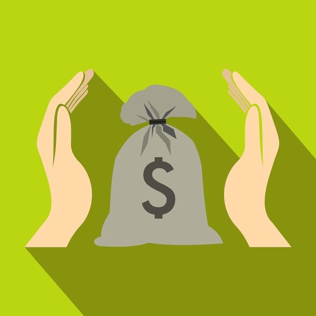 Hands protecting dollar money bag icon in flat style on a green background