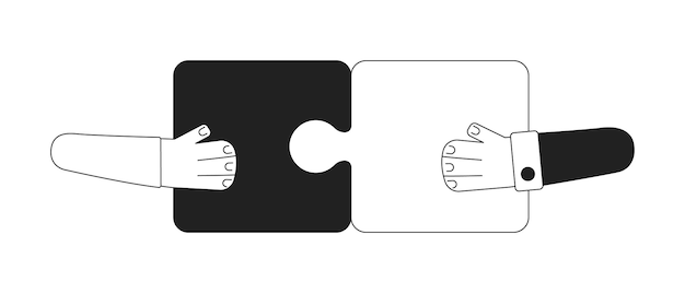 Vector hands putting puzzle together monochrome concept vector spot illustration