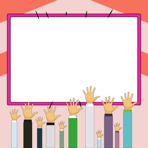 Vector hands raised up pointing to whiteboard with important information big white text holder behind main object contains message empty speech bubble on colored background