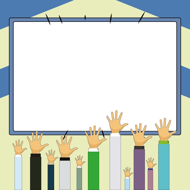 Hands raised up pointing to whiteboard with important information Big white text holder behind main object contains message Empty speech bubble on colored background
