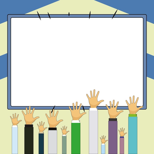 Vector hands raised up pointing to whiteboard with important information big white text holder behind main object contains message empty speech bubble on colored background