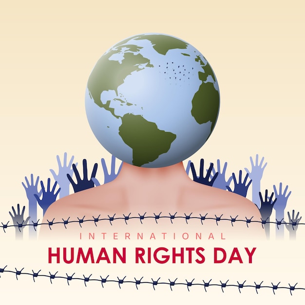 Руки тянутся к земному шару с надписью "День прав человека"