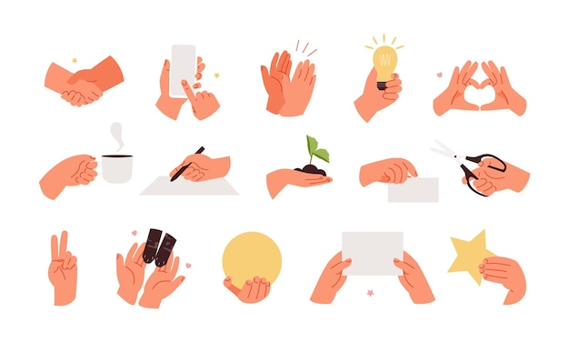 Hands set concept and various gestures Handshake business coffee signature idea applause