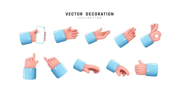 Vector hands set of realistic 3d design in cartoon style. hand shows different gestures signs. vector illustration