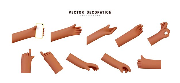 Vector hands set of realistic 3d design in cartoon style. hand shows different gestures signs. vector illustration