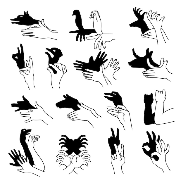 Тени рук Театральные жесты руки куклы творческие позы из человеческих пальцев разные животные птицы кролик медведь последние векторные иллюстрации