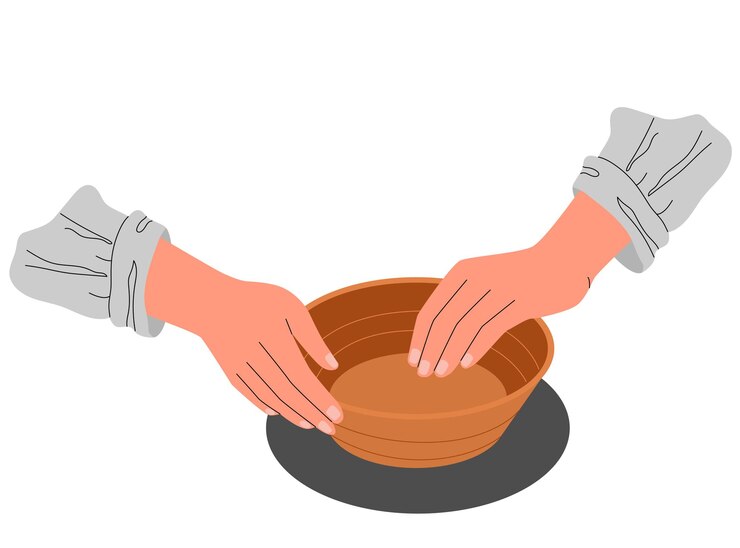 Vector hands shaping a clay bowl on a pottery wheel viewed from above simple flat illustration of pottery