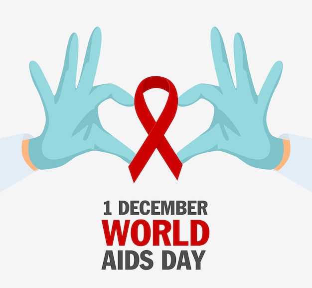 Hands show a heart with a ribbon symbol of aids, hiv. World AIDS Day 1 December, red ribbon. vector