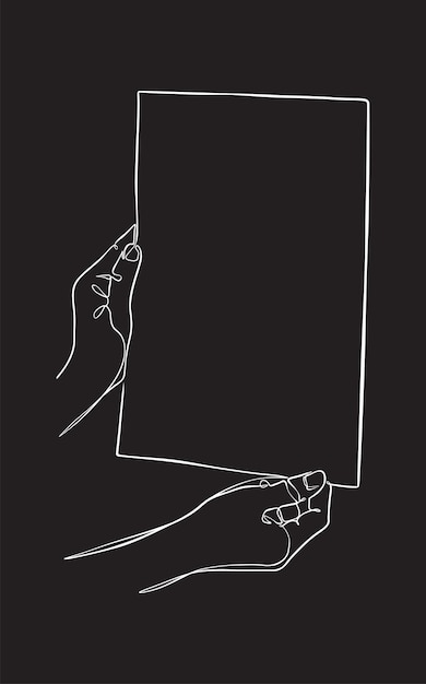 Vector hands showing blank paper one continuous line on black background drawing vector illustration