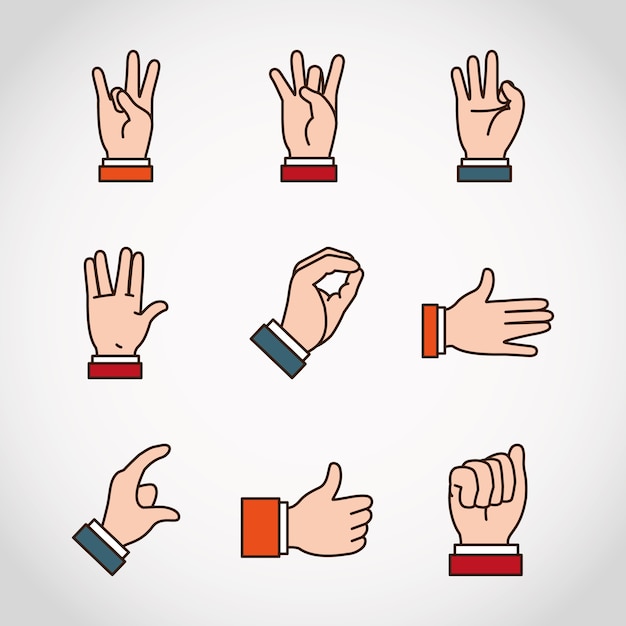 Hands sign language and expressions icon set.