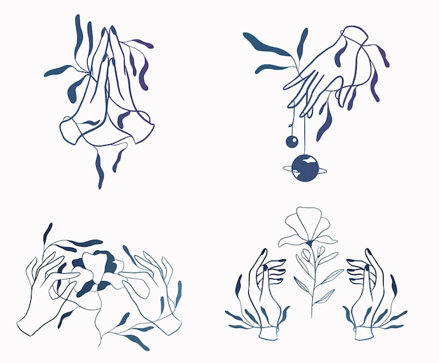 Vettore siluetta delle mani con piante, leafe e pianeti. illustrazione vettoriale.