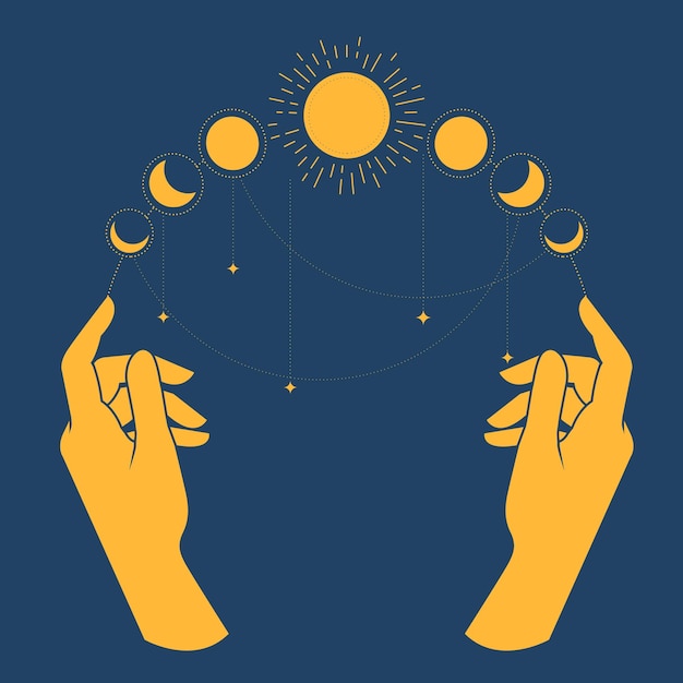 Hands of sorcerer with lunar phases on fingers moon fortunetelling horoscope and astrology