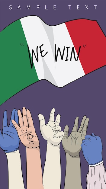 Hands of staff in protective suit raise up under Italy flag can control the disease outbreaks