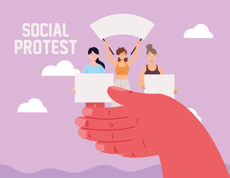 वेक्टर hands supporting women with signs and megaphone at a social protest