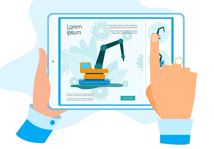 Vector hands tablet with app for buying building machines