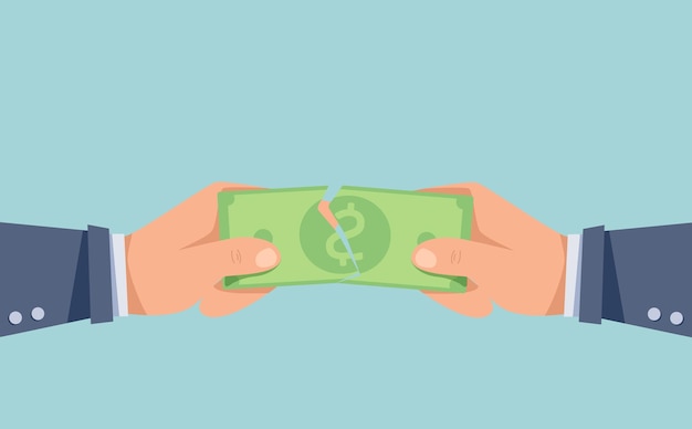 Hands tearing a banknote into two parts Businessmen can't distribute money