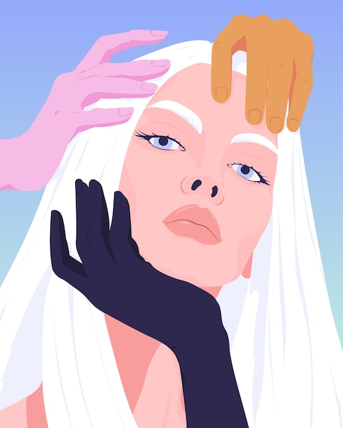 Hands touching face of woman with white hair vector illustration