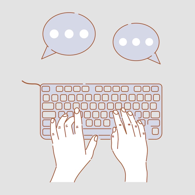 Hands typing on keyboard  cartoon illustration. hands doing business, chatting, web communications.