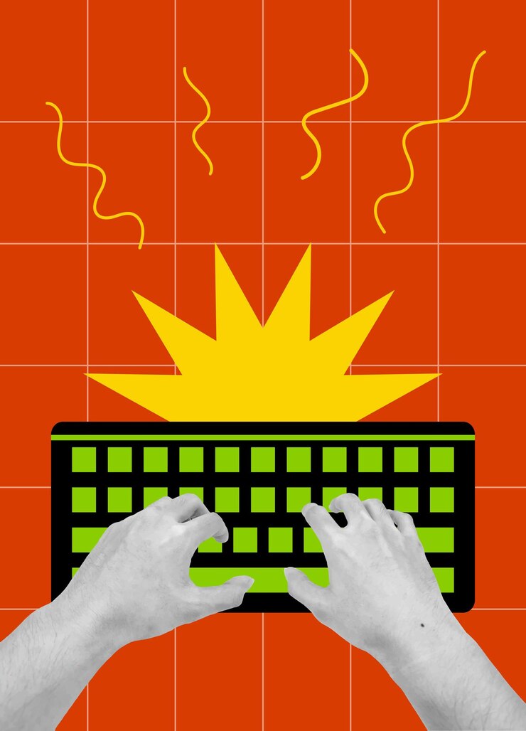 Vector hands typing on keyboard top down view pop art illustration