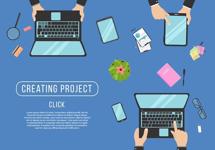 Vector 컴퓨터 키보드에 텍스트를 입력하는 손. 노트북 컴퓨터에 프로그래머 코딩입니다. 현실적인 직장 조직입니다. 테이블, 노트북, 안경, 태블릿, 계산기, 메모장 및 커피와 함께 최고 볼 수 있습니다. 삽화