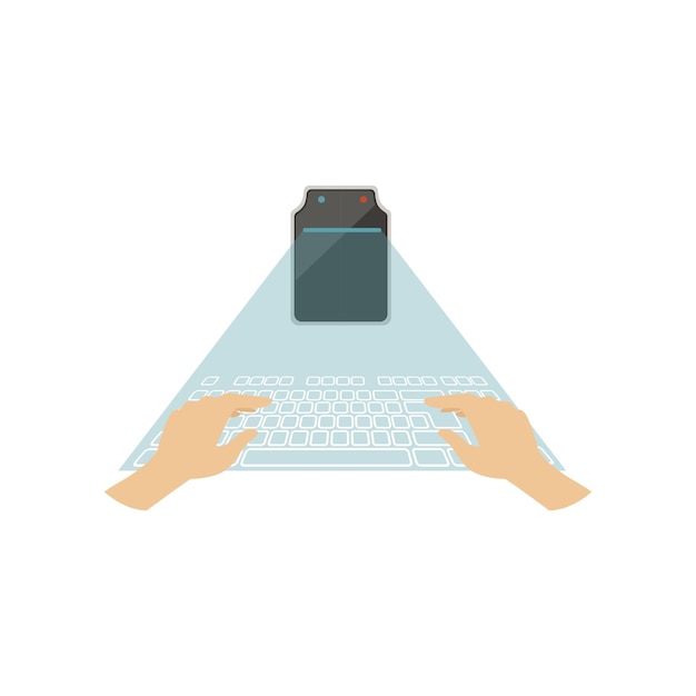 Руки, печатающие с виртуальной клавиатурой концепция технологии будущего вид сверху вектор иллюстрация на белом фоне
