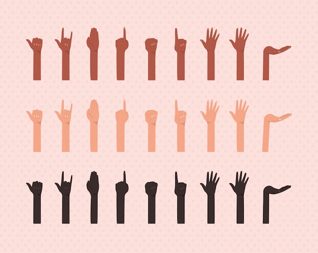 Vector hands up of different types of skins design, diversity people multiethnic race and community theme