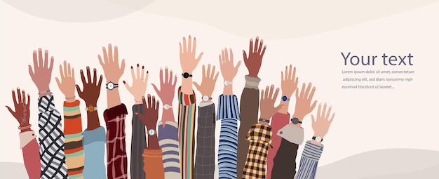 Vettore alzi la mano un gruppo di persone di diversa cultura diversità persone volontari uguaglianza razziale fiducia