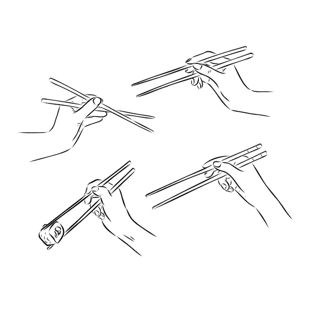 白い背景に竹の箸を使う手 Web デザインを広告するフードメニューポスターのクリエイティブコンセプト ベクターイラストの手で箸をベクトルスケッチ