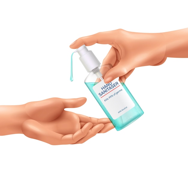 Vector hands using sanitizer bottle