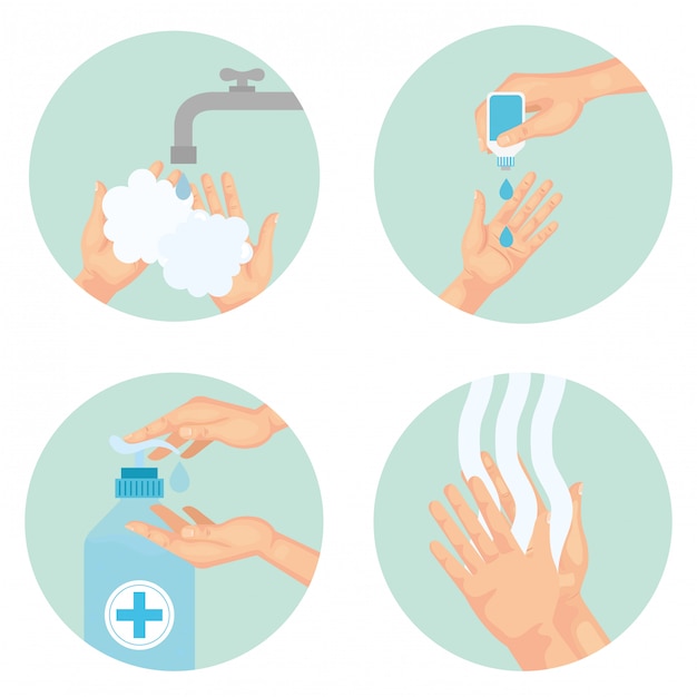 Вектор Техника мытья рук с использованием дезинфицирующего средства, дезинфицирует чистую антибактериальную и гигиеническую тему