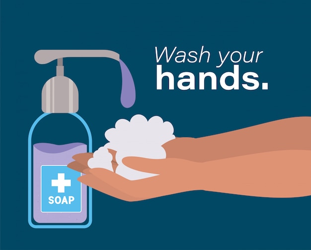 Vettore lavaggio delle mani con design dispenser di sapone, lavaggio igienico per la salute, pulizia dei batteri sani, protezione del bagno e tema liquido
