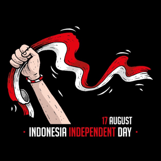 インドネシア独立宣言の日に旗を振る手