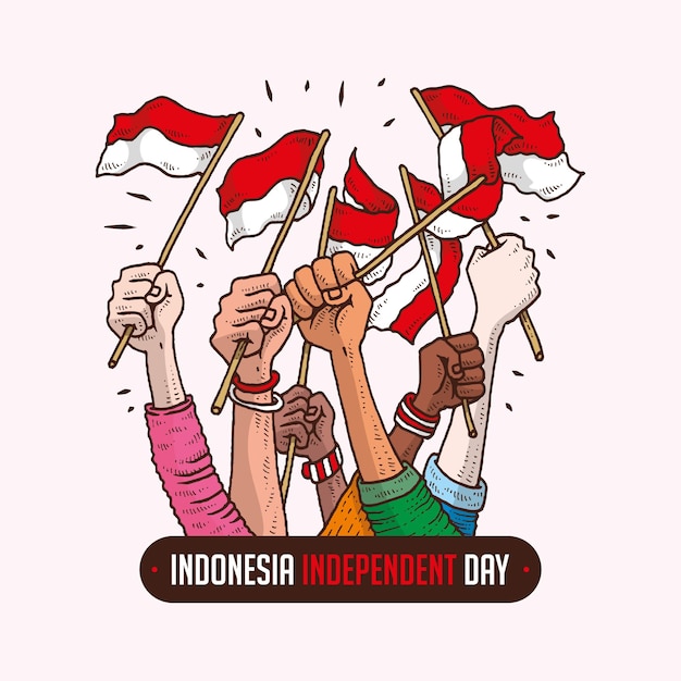 Mani che sventolano la bandiera nel giorno indipendente dell'indonesia