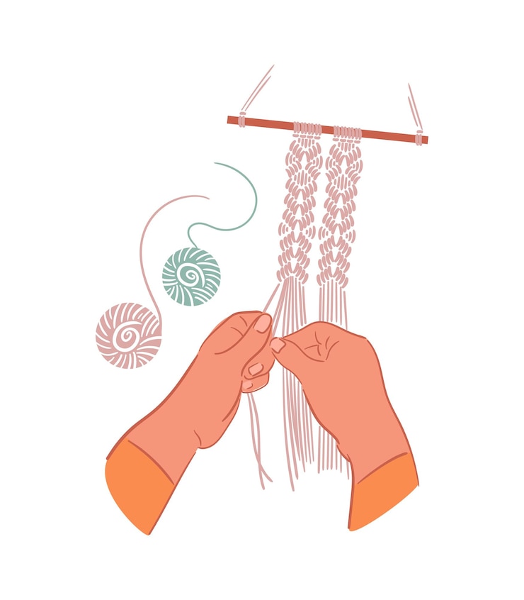 Vector hands weave a macrame panel with balls of thread nearby boho handmade hobbies interests interior