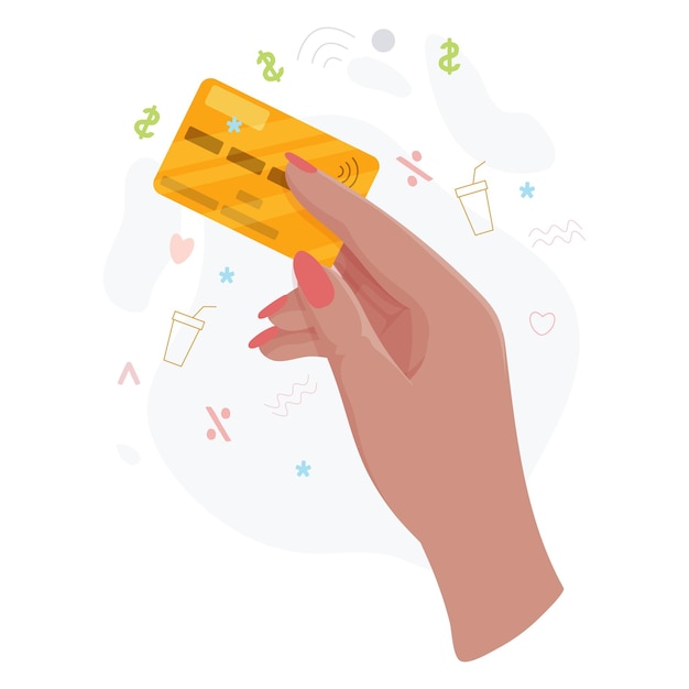 Hands with bank card Counting transferring giving receiving squeezing and showing money Payment for goods by credit card Charity Bank operations Vector illustration