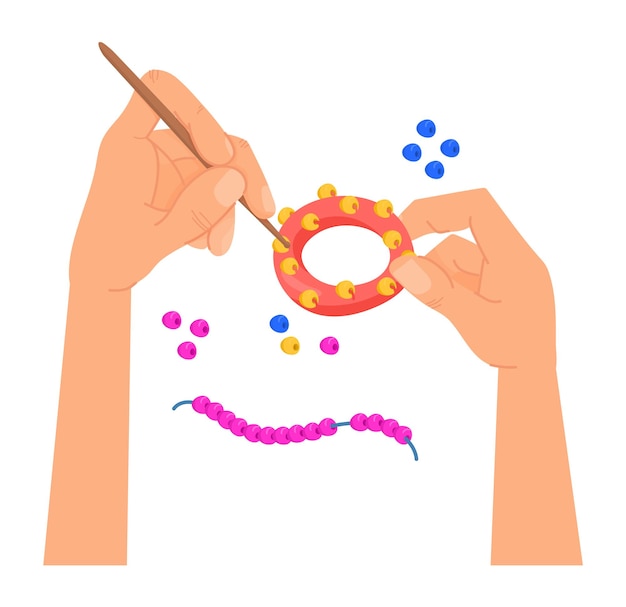 Hands with beads. Making bracelets hobby. Handmade jewelry. Vector illustration