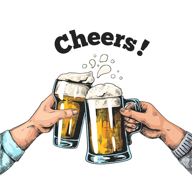 Hands with beer mugs illustration