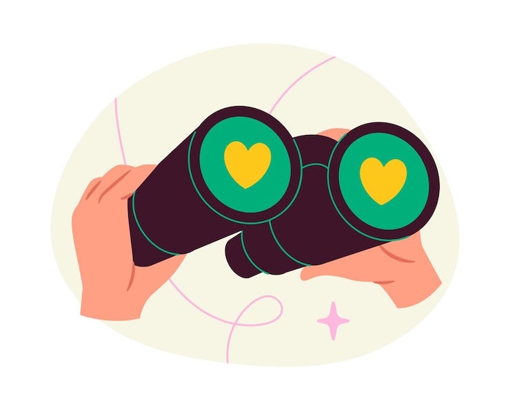 Vector hands with binocular planning and vision of future black telescope optical instrument with heart silhouettes template and layout cartoon flat vector illustration isolated on white background
