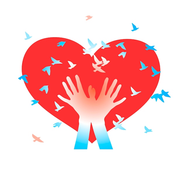 Vector hands with birds on a background of hearts