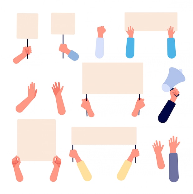 Hands with blank placard. people holding protests banners, activists protesters manifestation empty signs. flat vector isolated set