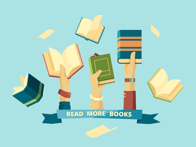 Vector hands with books. education smart concept students reading and holding books in library  background in flat style. illustration book encyclopedia, education and knowledge