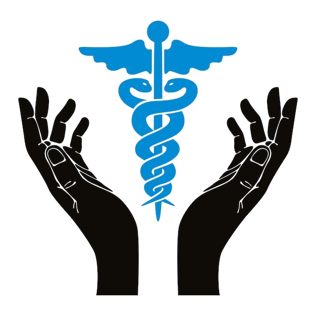 Hands with caduceus vector symbol.