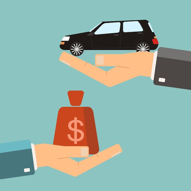 Hands with car and money bag Exchanging concept Buying or rent car Vector